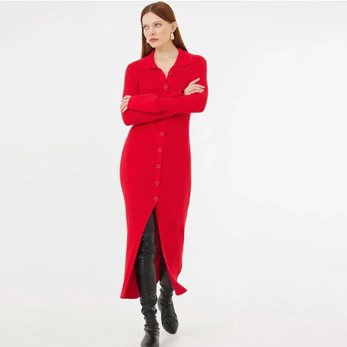 Autumn Bodycon Dress Sweater Knitted Green Women Sexy Midi Split V Neck Long Sleeve Casual Dresses Party Vestidos Red