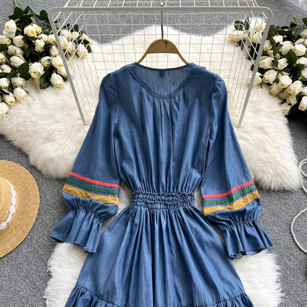 Quality Embroidered Denim Dress 2024 Summer Autumn National Korean Pleated A Line Long Sleeve Cowboy Dress Women Jeans Dress