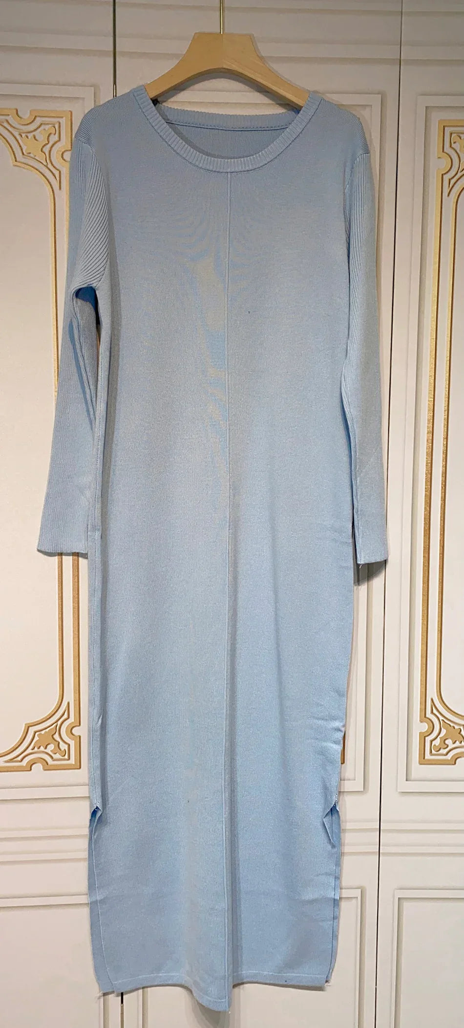 2024 Casual Midi Knit Dress Women's O-neck Long Sleeve Split Straight Dresses Autumn Pure Color Knit Vestidos SKY BLUE