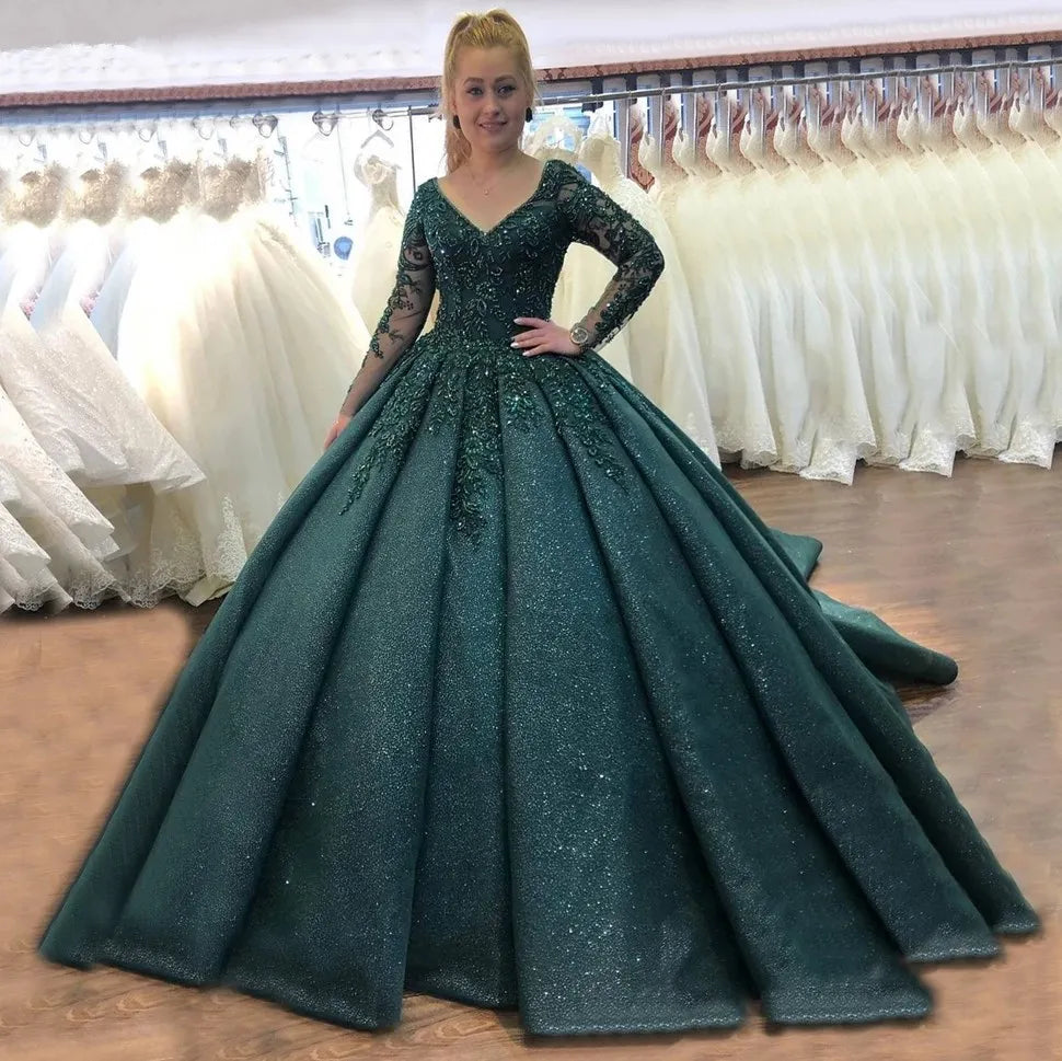 Customized Sparkly Long sleeve Evening Dresses Lace Up Beaded Ball Gown Women Reflective Dresses Long Party robes de soirée Floor Length