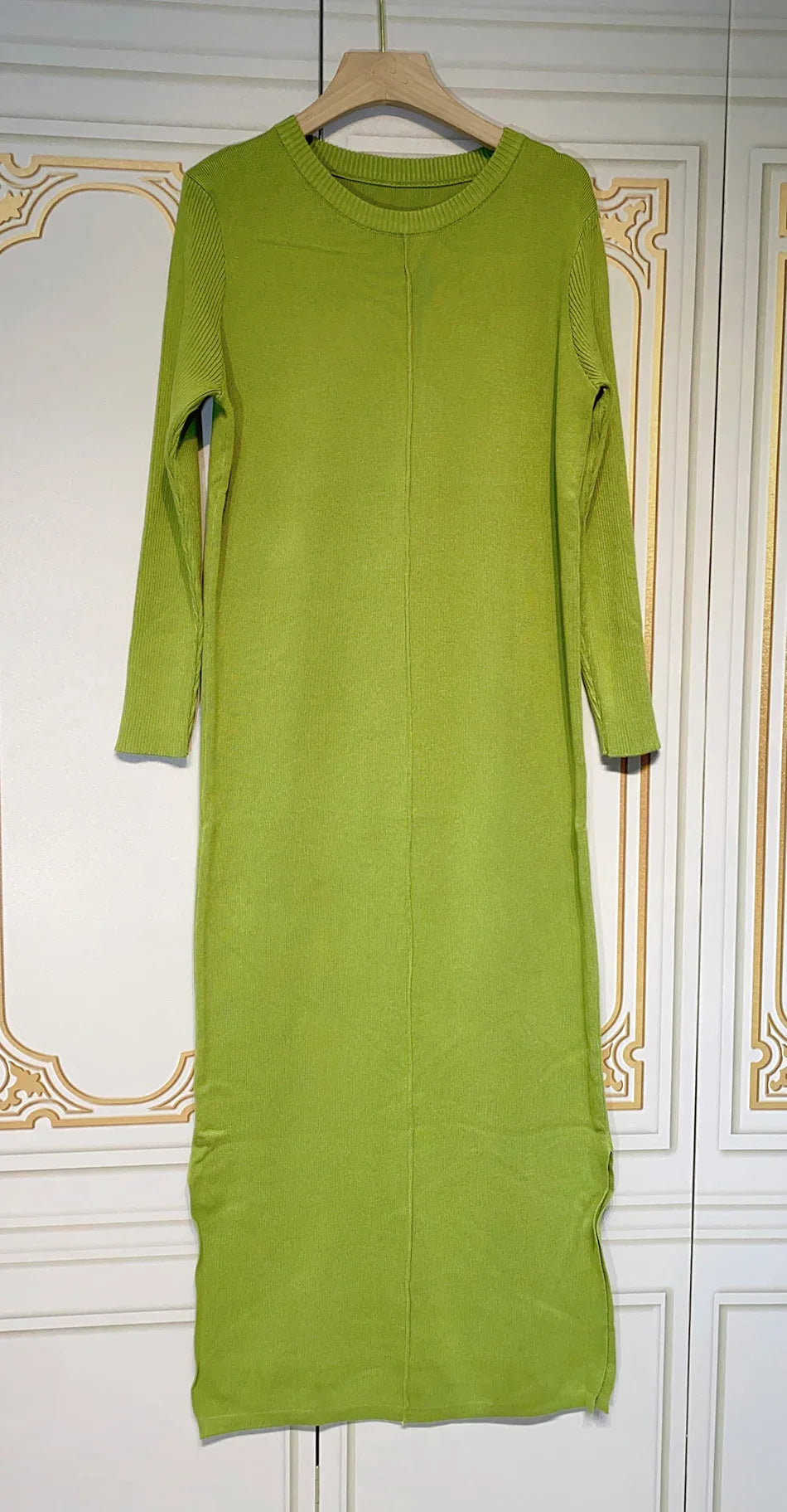 2024 Casual Midi Knit Dress Women's O-neck Long Sleeve Split Straight Dresses Autumn Pure Color Knit Vestidos light green