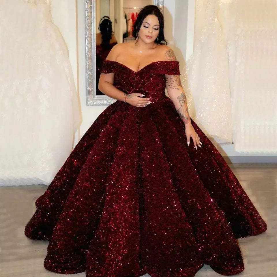 Customized Sparkly Burgundy Evening Dress Long robe de mariee Off Shoulder Sequins Lace Up Ball Gown Vestidos De Noiva Burgundy colors Floor Length