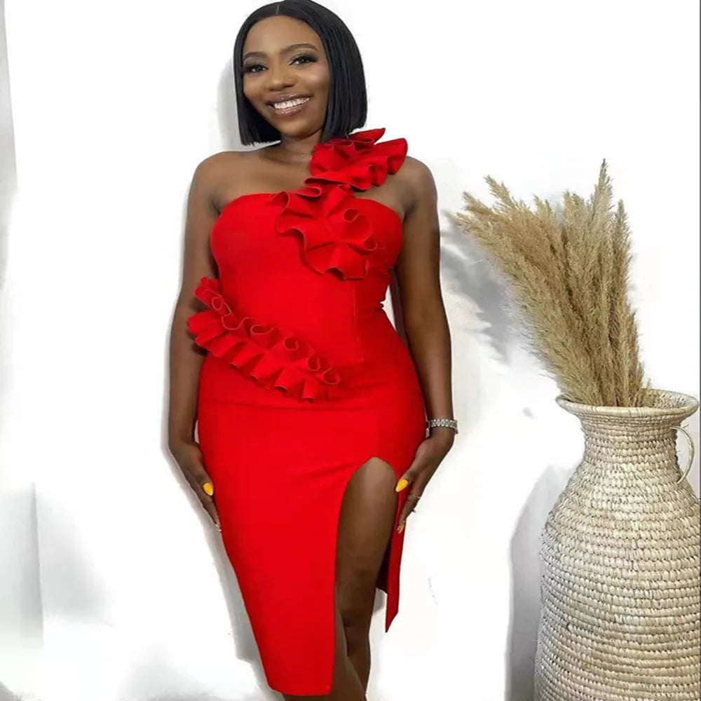 Summer Women One Shoulder Sexy Ruffles Bodycon Mini Dress Bandage Rayon Celebrate Birthday Party Dress Vestido