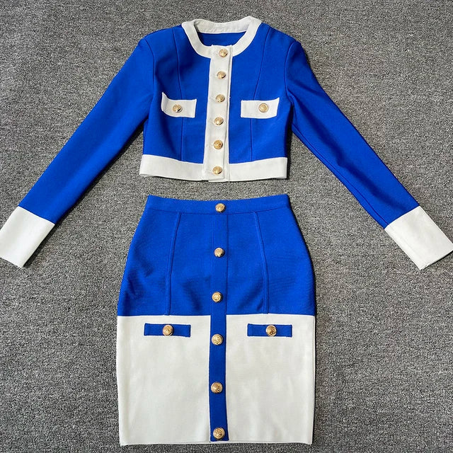 2024 Patchwork Black White O Neck Long Sleeves With Pockets Buttons Two Pieces Bandage Skirt Women Set Blue