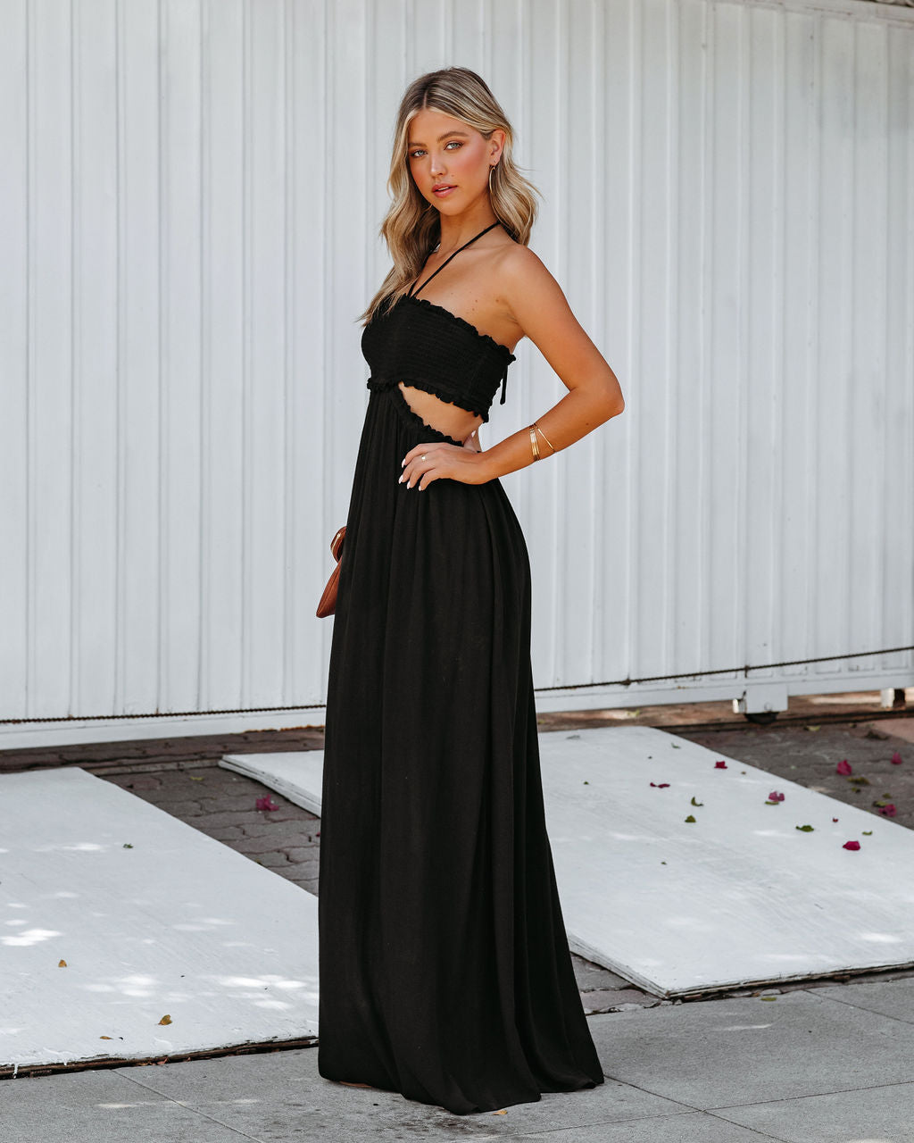 Hit The Beach Smocked Halter Maxi Dress Black