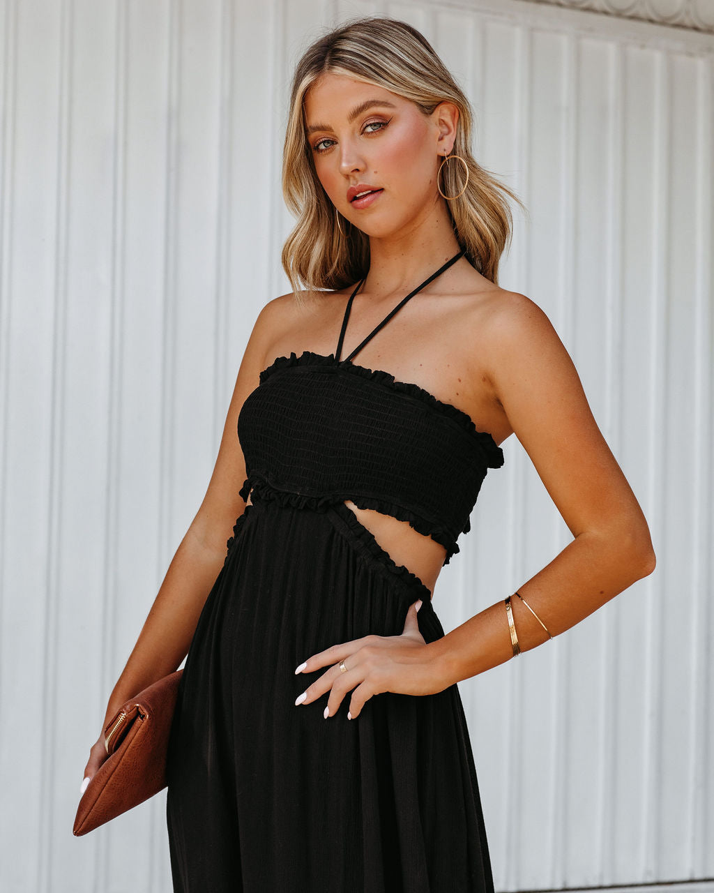 Hit The Beach Smocked Halter Maxi Dress Black