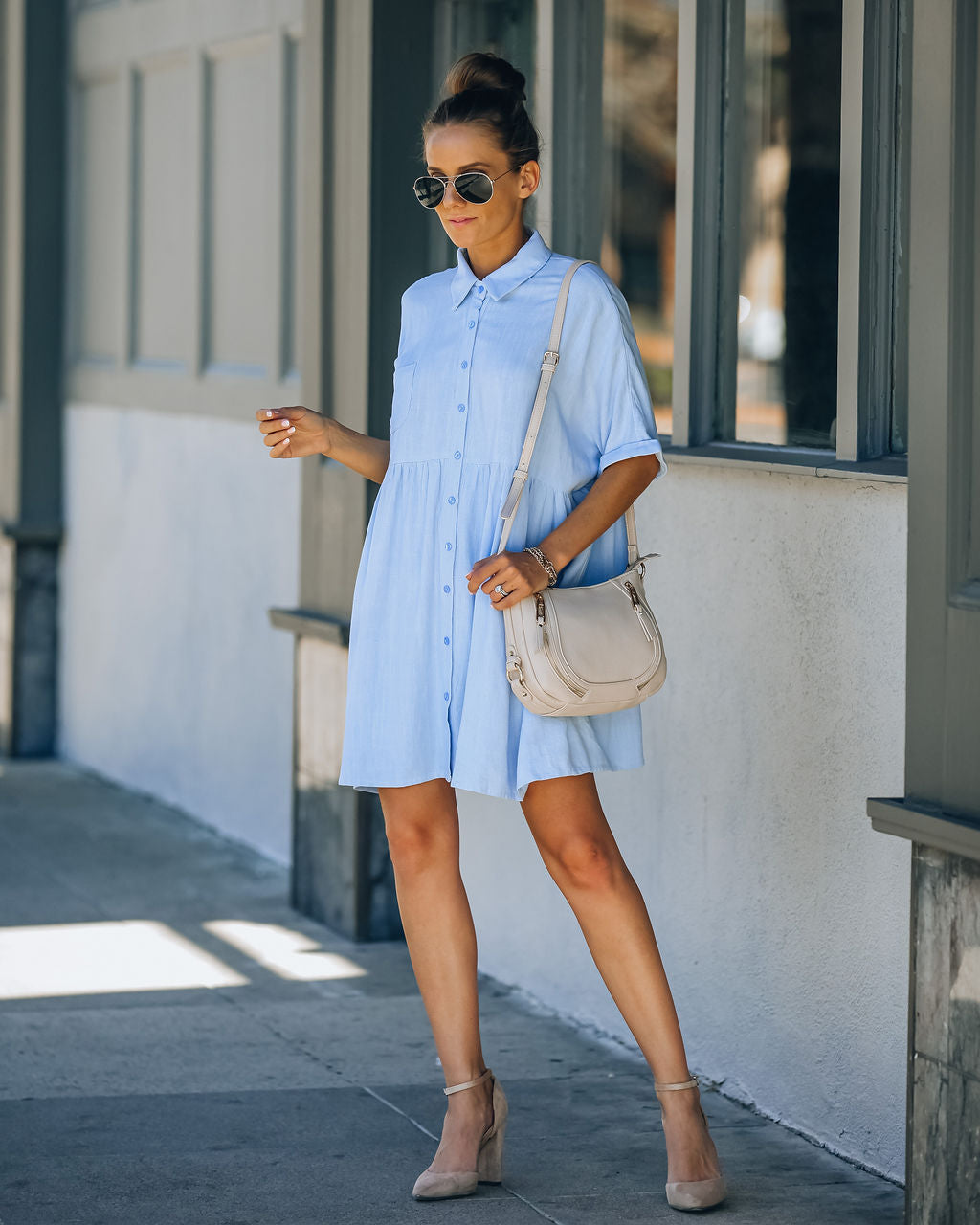 Hails Linen Blend Button Down Shirt Dress Baby Blue