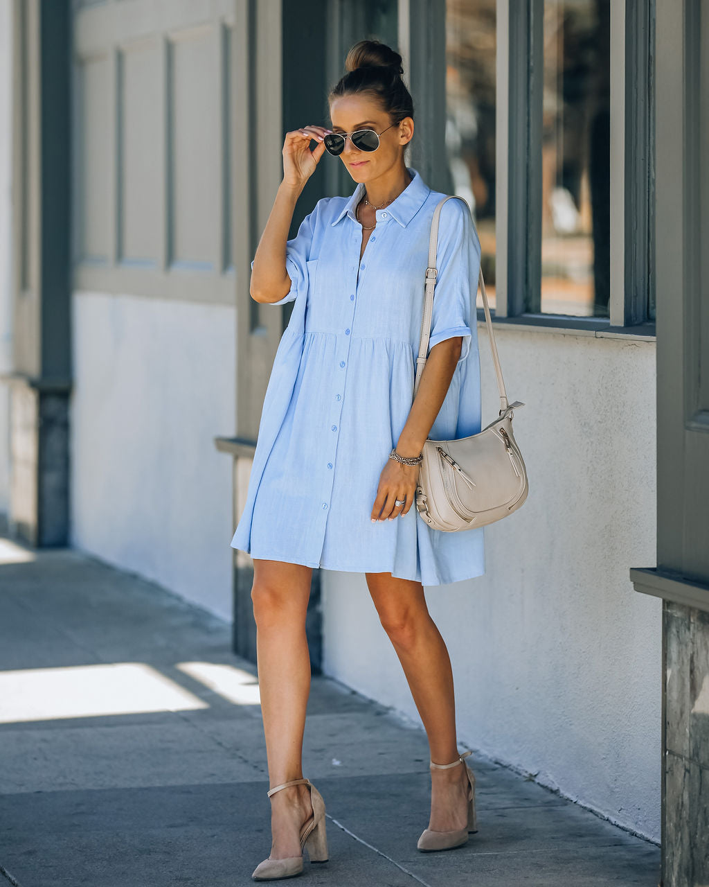 Hails Linen Blend Button Down Shirt Dress Baby Blue