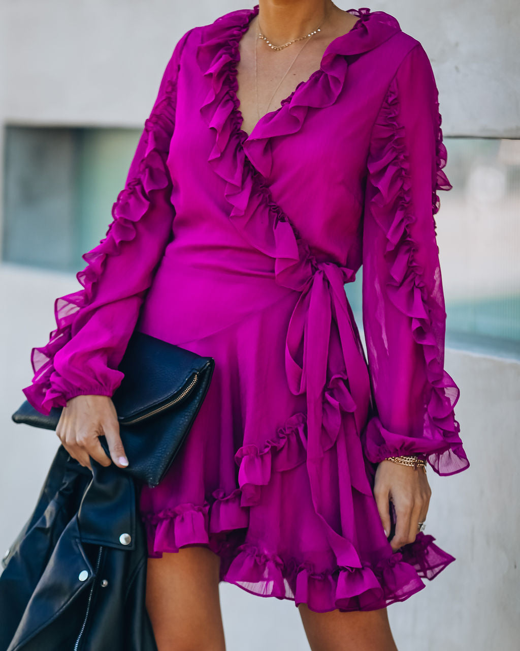 Away With Me Ruffle Wrap Dress Berry
