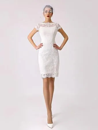 Short Wedding Dress with Boat Neck, Short Sleeves and Buttoned Back Modern Bridal Gowns ow Satin Court Train Sleeves Bridal Gown Princess White Vestido De Novia Mermaid Satin