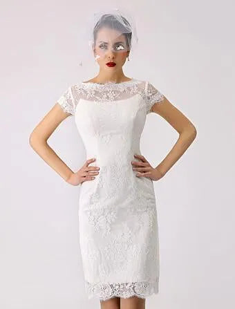 Short Wedding Dress with Boat Neck, Short Sleeves and Buttoned Back Modern Bridal Gowns ow Satin Court Train Sleeves Bridal Gown Princess White Vestido De Novia Mermaid Satin