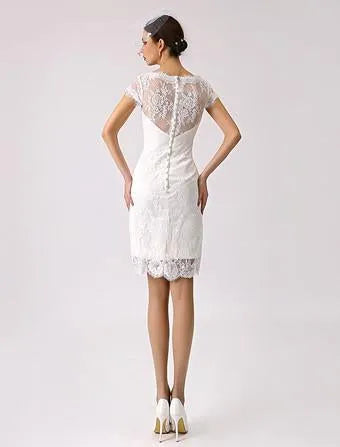 Short Wedding Dress with Boat Neck, Short Sleeves and Buttoned Back Modern Bridal Gowns ow Satin Court Train Sleeves Bridal Gown Princess White Vestido De Novia Mermaid Satin