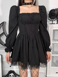Spaghetti Strap Lace Satin Slip Party Mini Harajuku Vintage Square Collar Puff Sleeve Dress