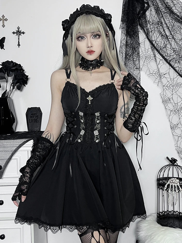 ALine Pleated Hem Swing Harajuku Summer Lolita Lace Trim Y2K Retro Grunge Streetwear Dress