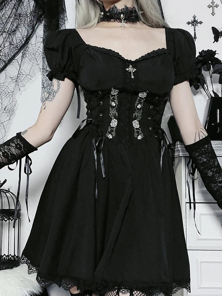 Gothic A Line Pleated Hem Harajuku Lolita Lace Trim Summer Dress