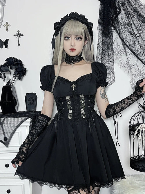 ALine Pleated Hem Swing Harajuku Summer Lolita Lace Trim Y2K Retro Grunge Streetwear Dress