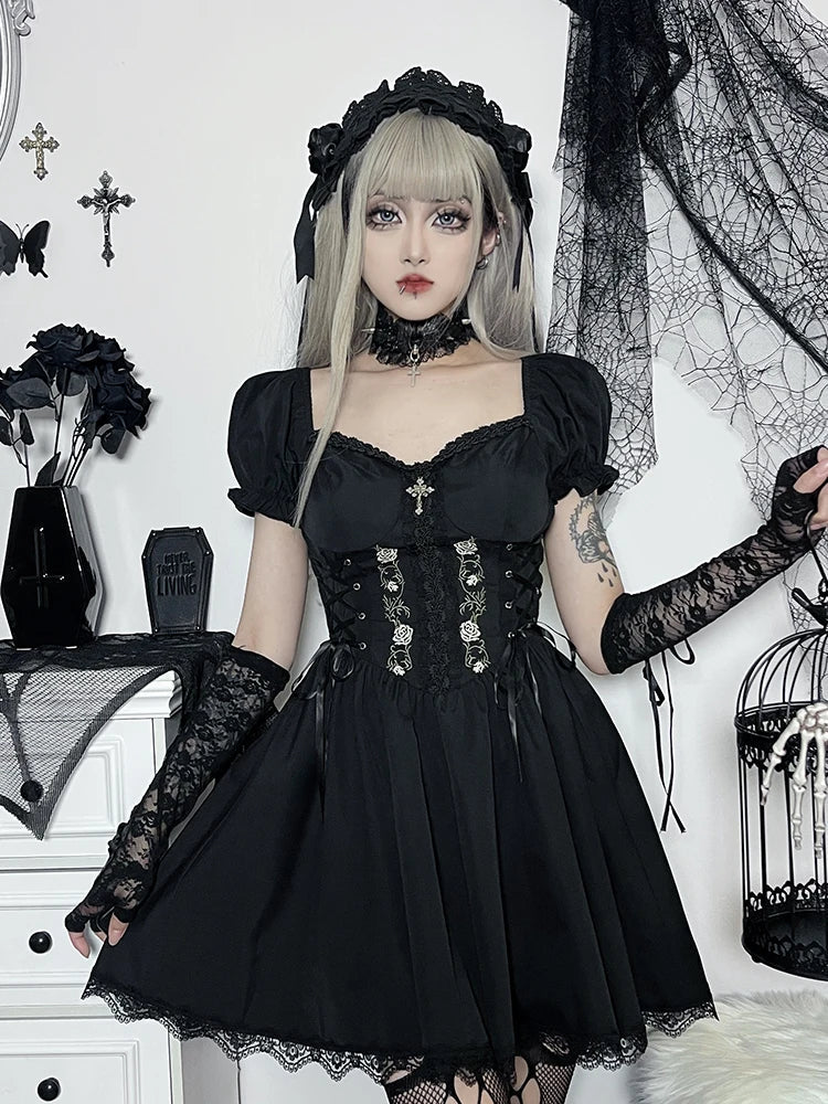 ALine Pleated Hem Swing Harajuku Summer Lolita Lace Trim Y2K Retro Grunge Streetwear Dress