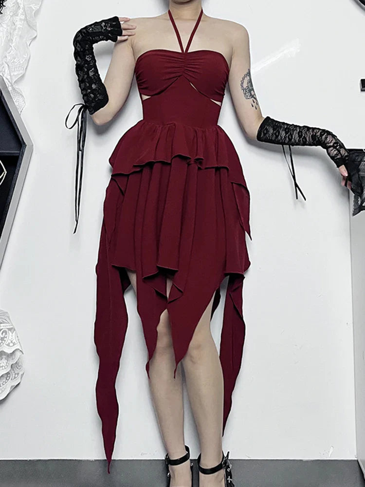 Halter Neck Sleeveless Ruched Bodycon Asymmetrical ALine Hem Party Cocktail Mini Dress