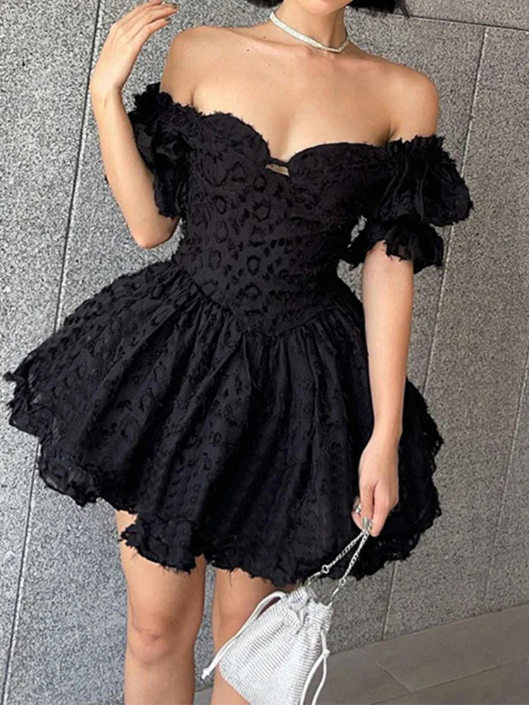 Lolita Summer Vintage High Waist Black Ball Gown Goth Aesthetic Puff Sleeve Vneck Corset Mini Dress