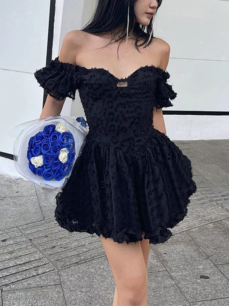 Lolita Summer Vintage High Waist Black Ball Gown Goth Aesthetic Puff Sleeve Vneck Corset Mini Dress
