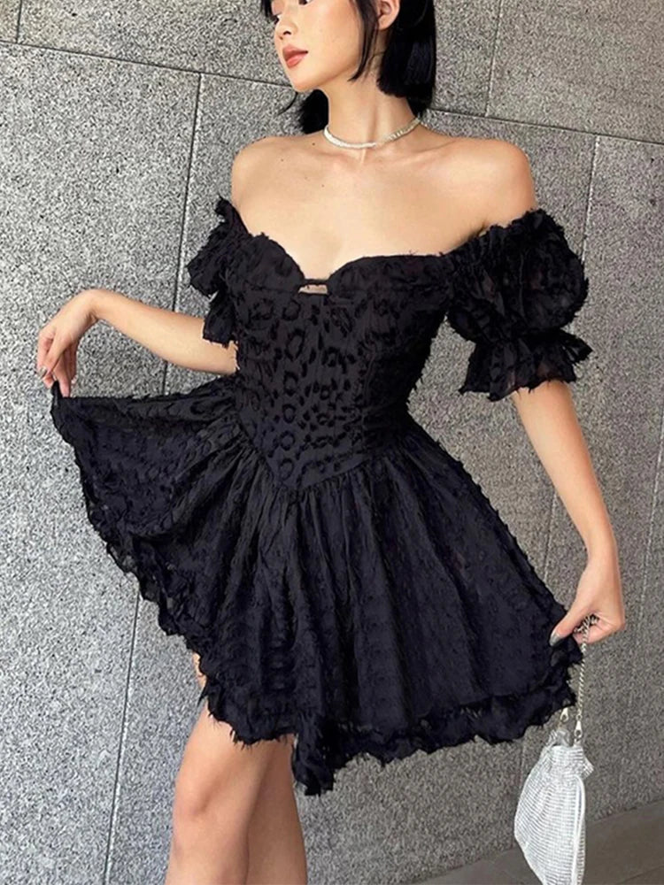 Lolita Summer Vintage High Waist Black Ball Gown Goth Aesthetic Puff Sleeve Vneck Corset Mini Dress