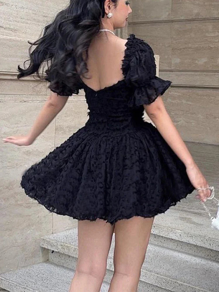 Lolita Summer Vintage High Waist Black Ball Gown Goth Aesthetic Puff Sleeve Vneck Corset Mini Dress