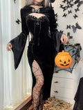 Long Dress Suit With Hat See Through Velvet Lace Cutout High Slit Long Sleeve Button Laceup Party Dress
