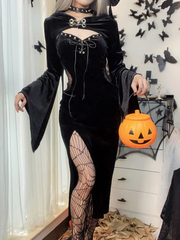 Long Dress Suit With Hat See Through Velvet Lace Cutout High Slit Long Sleeve Button Laceup Party Dress