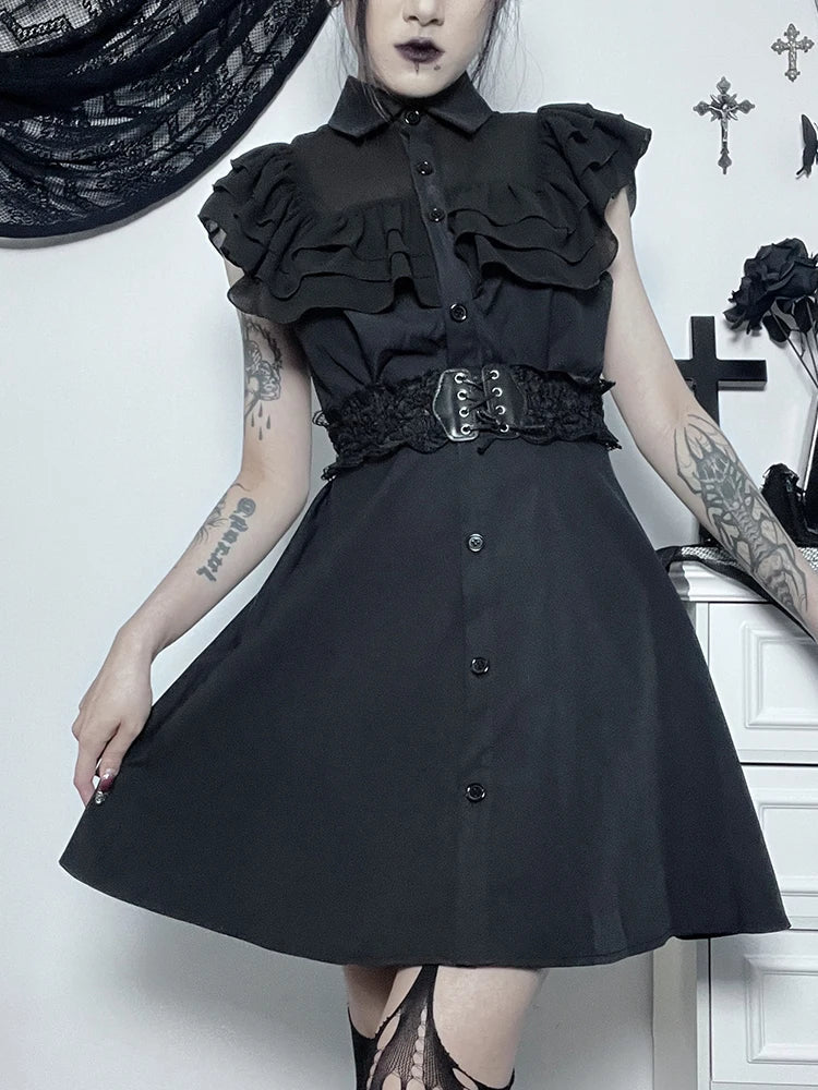 Mall Harajuku EGirl Mesh Patchwork Black Slim ALine Party Grunge Aesthetic Streetwear Dress