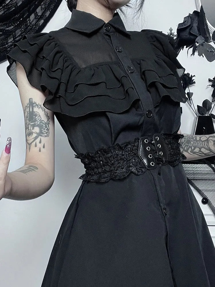 Mall Harajuku EGirl Mesh Patchwork Black Slim ALine Party Grunge Aesthetic Streetwear Dress