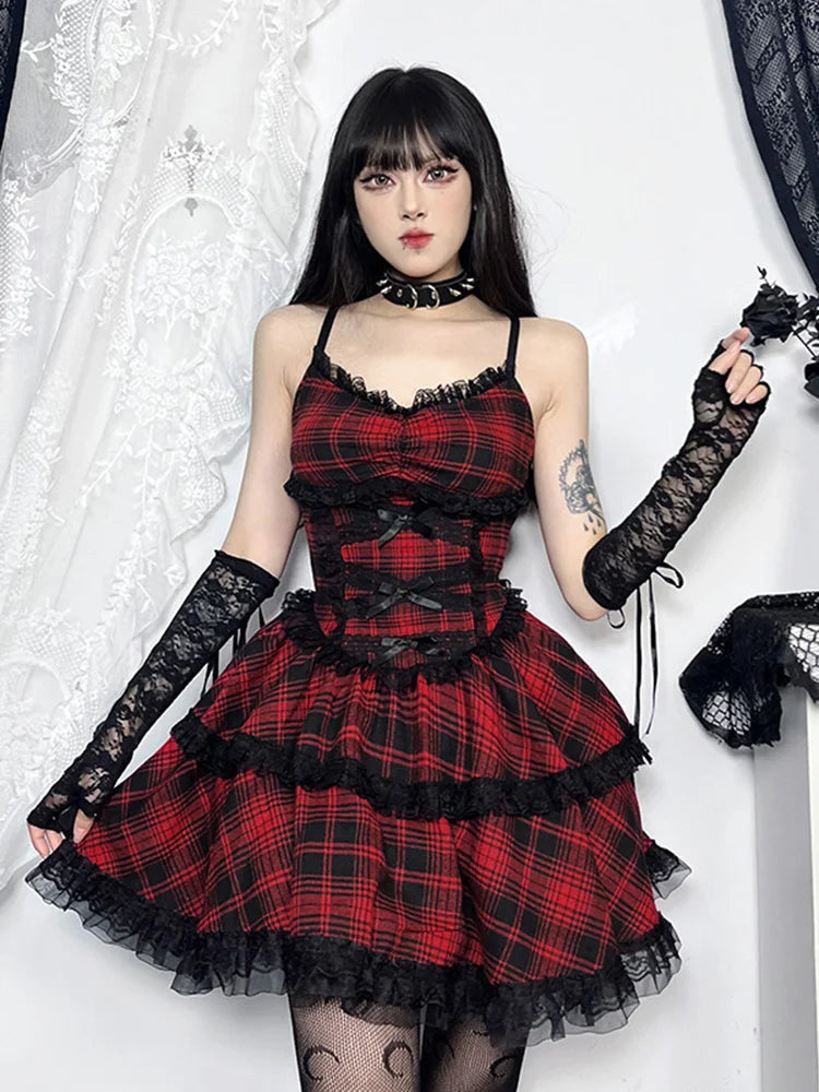Grunge Gothic Plaid Black Emo Lace Up Backless Mini A Line Dress