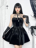 Gothic Velvet Criss Cross Halter Vintage Draped Lace Backless A Line Dress