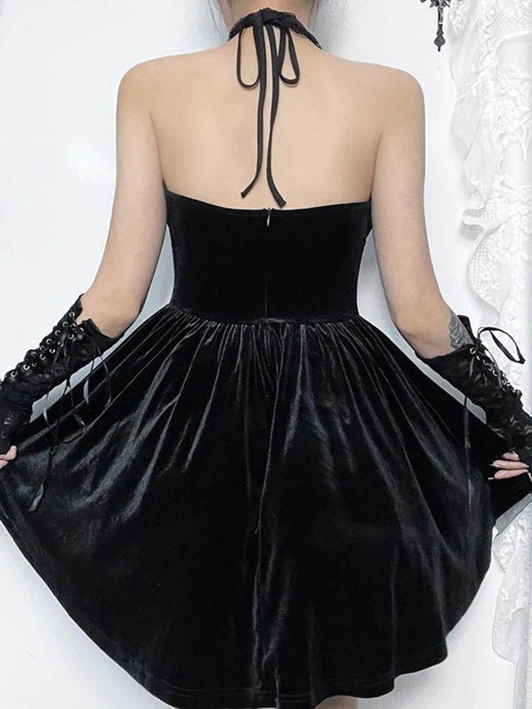 Gothic Velvet Criss Cross Halter Vintage Draped Lace Backless A Line Dress