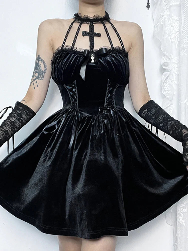 Gothic Velvet Criss Cross Halter Vintage Draped Lace Backless A Line Dress
