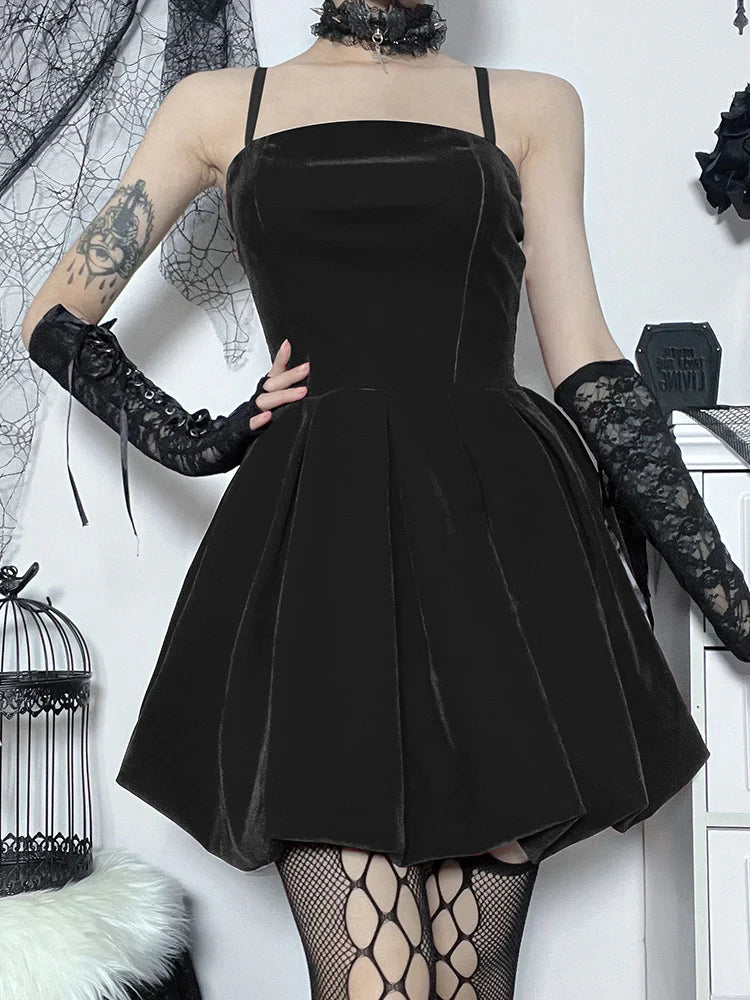 Velvet Solid Shirring High Waist Spaghetti Straps ALine Party Mini Elegant New Year Dress