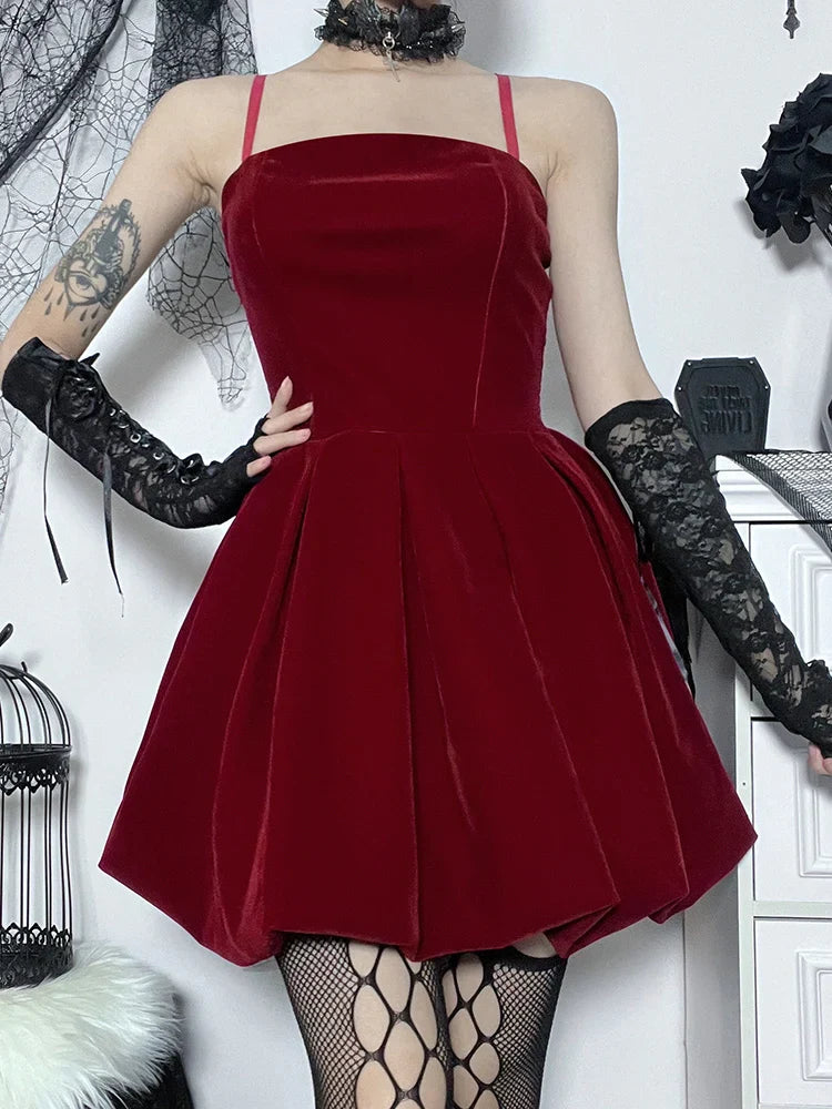 Velvet Solid Shirring High Waist Spaghetti Straps ALine Party Mini Elegant New Year Dress