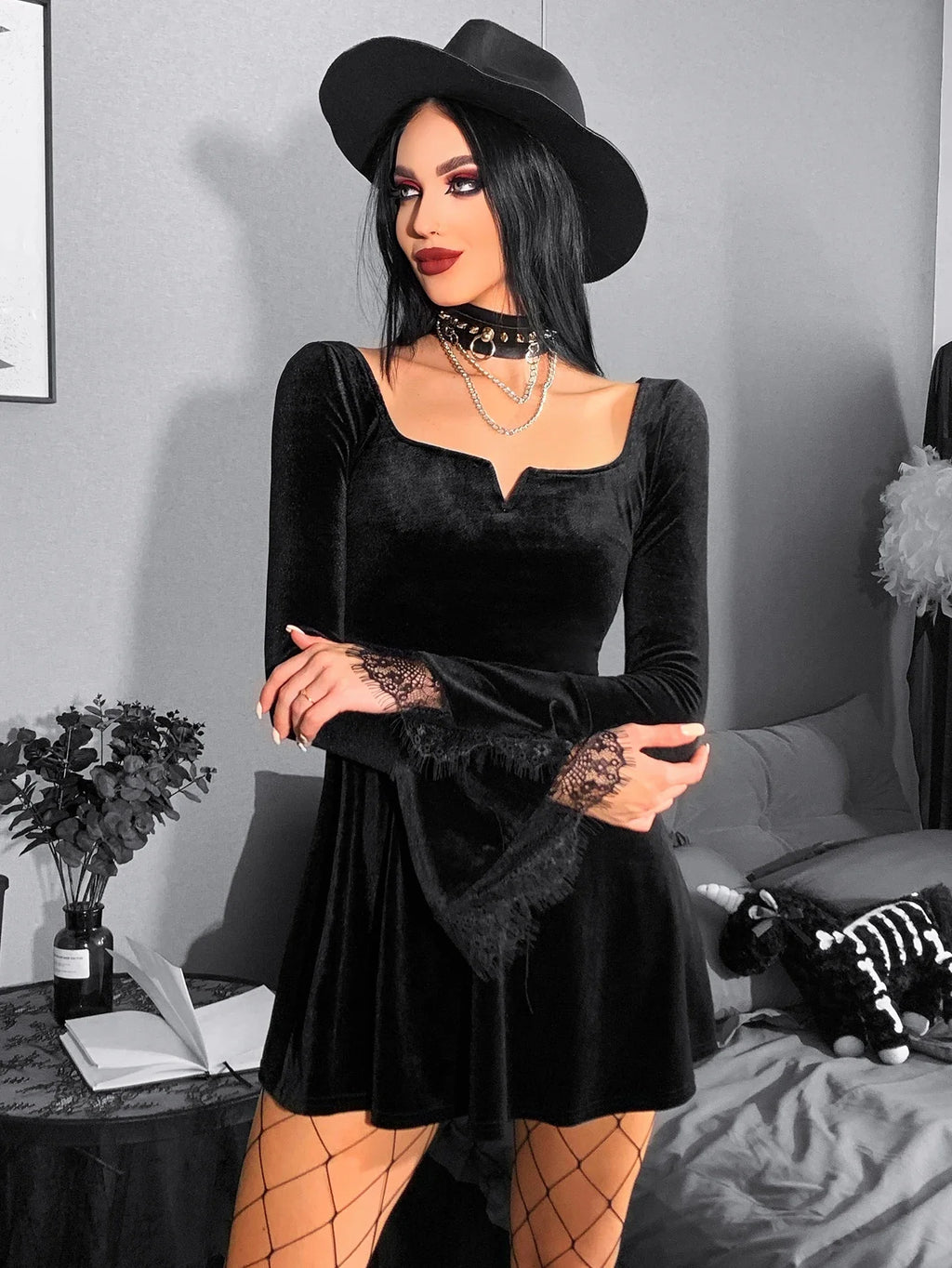 Y2K Harajuku High Waist ALine Mini Punk Grunge Vintage Flare Sleeve Velvet Lolita Dress