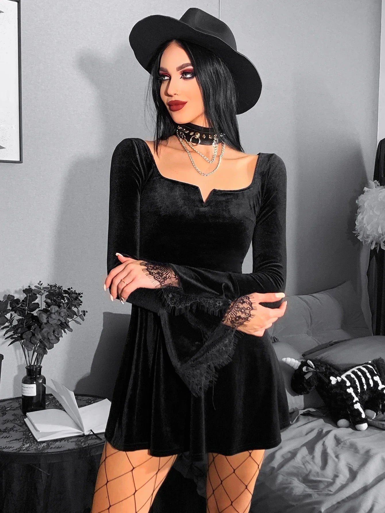 Y2K Harajuku High Waist ALine Mini Punk Grunge Vintage Flare Sleeve Velvet Lolita Dress
