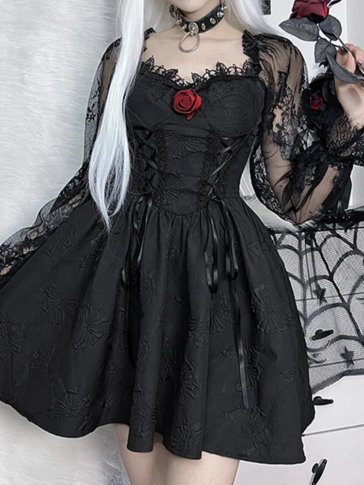 Grunge Party High Waist Gothic Dark ALine Jacquard Lace Sleeve Lolita Vintage Harajuku Dress