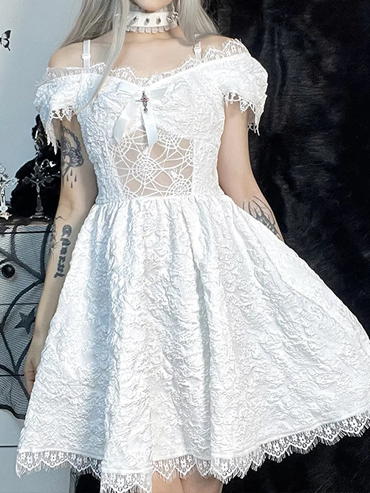 Mini Party Aesthetic One Shoulder Strap Lace Cutouts Elegant ALine High Waist Prom Y2K Grunge Clubwear Dress