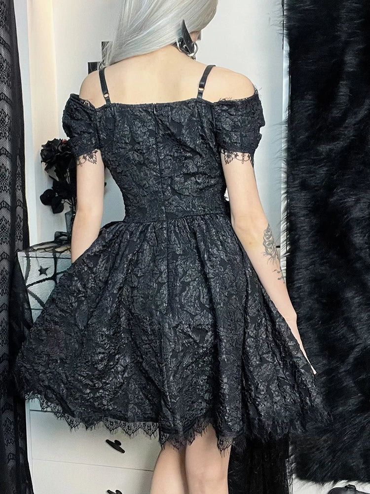 Mini Party Aesthetic One Shoulder Strap Lace Cutouts Elegant ALine High Waist Prom Y2K Grunge Clubwear Dress