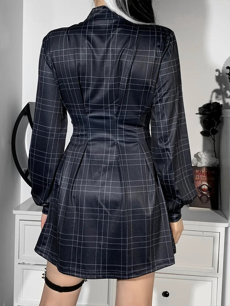 Plaid Winter Long Sleeve Turtleneck ALine Cosplay Academy Pleated Corset Dark Blue E Girl Partywear Dress