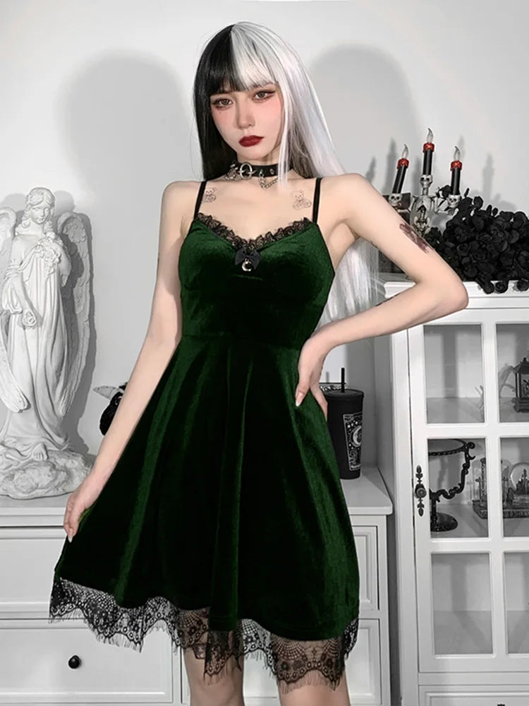 Velvet Spaghetti Strap Backless Moon Pendant Colorful Lace Trim ALine Waistin Sleeveless Corset Dress