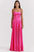 Satin Solid Lace Up Maxi Dress Fuchsia