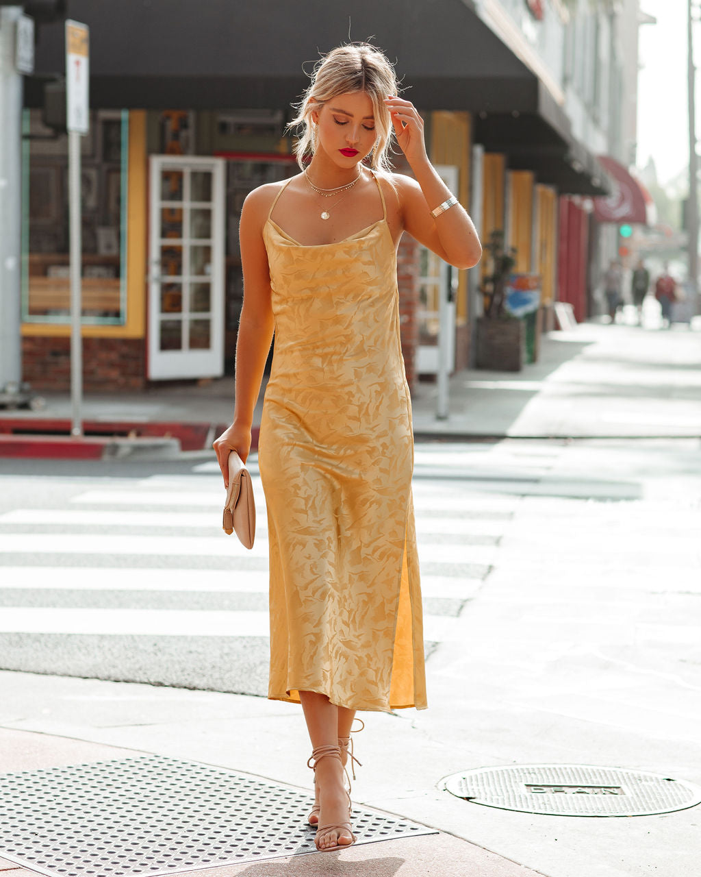 Janene Satin Cowl Neck Midi Dress Golden Yellow FINAL