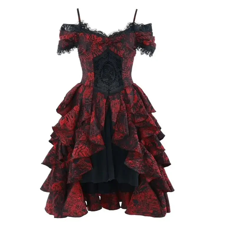 Japanese Gothic Style Red Black Halloween OffShoulder Court Wave Autumn Dark HighWaist Lolita Party Dress