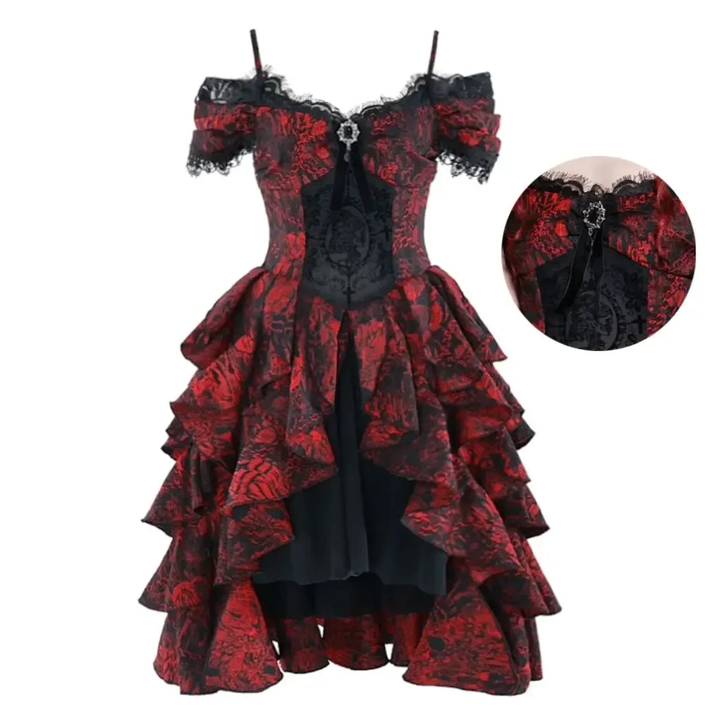 Japanese Gothic Style Red Black Halloween OffShoulder Court Wave Autumn Dark HighWaist Lolita Party Dress