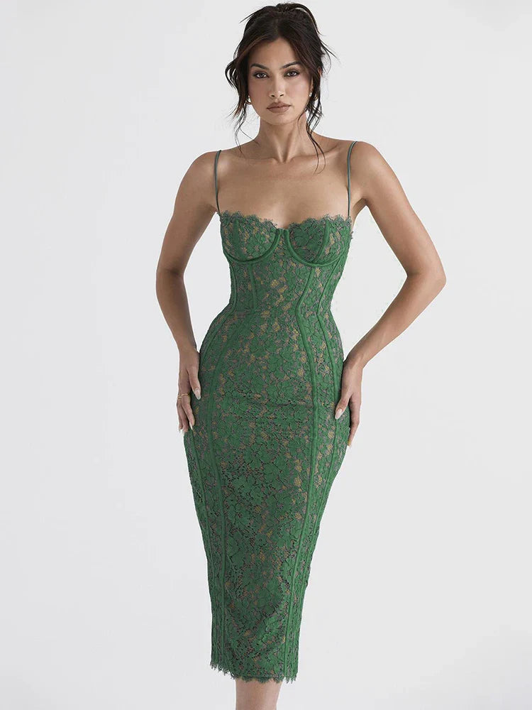 Lace Midi Satin Lined Sweetheart Celebrity Party Bodycon Dress