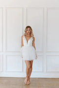 Deep V with Ruffle Mini Skirt Vestido De Novia Train Simple Bridal Gown Dress Wedding Dress Satin Bow Court