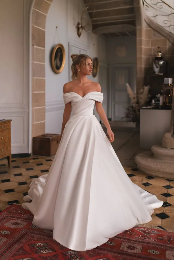 Satin Princess Wedding Dresses A Line Off The Shoulder Bride Dress Pleats Wedding Gowns